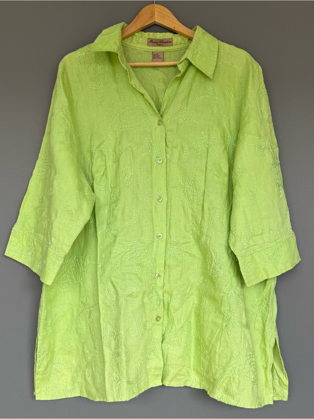 vtg Marisa Christina 100% Linen Embroidered Button Up Shirt Lime Womens 3X Boho